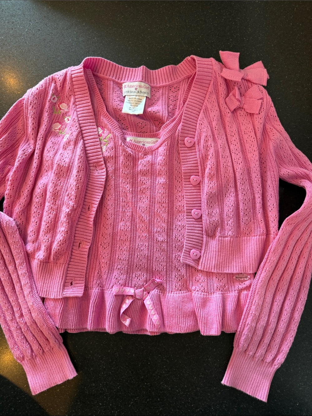 American Girl Hot Pink Knit Cardigan and Tank Set with Bow Accents